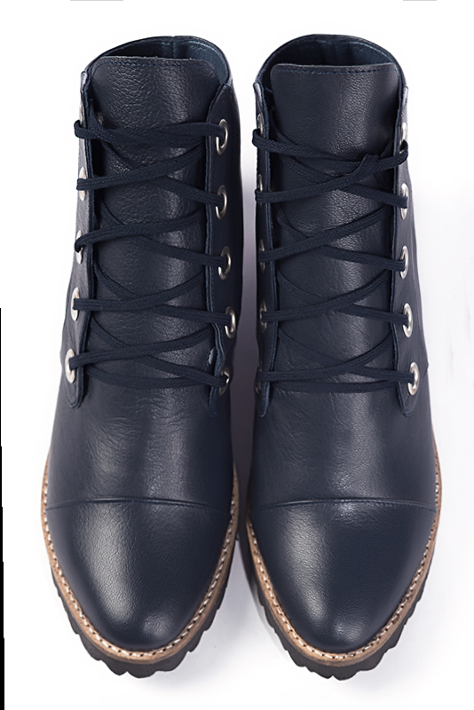 Navy blue women's ankle boots with laces at the front. Round toe. Flat rubber soles. Top view - Florence KOOIJMAN